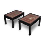 A pair of Chinese bamboo-inset low tables Republic period The rectangular table tops inset with...