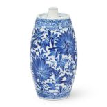 A Chinese blue and white ‘spirit’ bottle Qing dynasty, Kangxi period Of elongated barrel shape,...