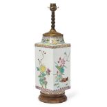 A famille rose square cylindrical vase, cong Mid-20th century Mounted as a lamp, enamelled on e...