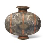 A Chinese painted pottery 'cocoon' jar Han Dynasty Painted with abstract scrolls in orange, red...