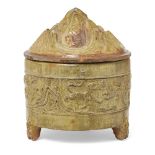 A Chinese lead-green-glazed 'hill jar' and cover, boshan lu Han dynasty Standing on three bear ...