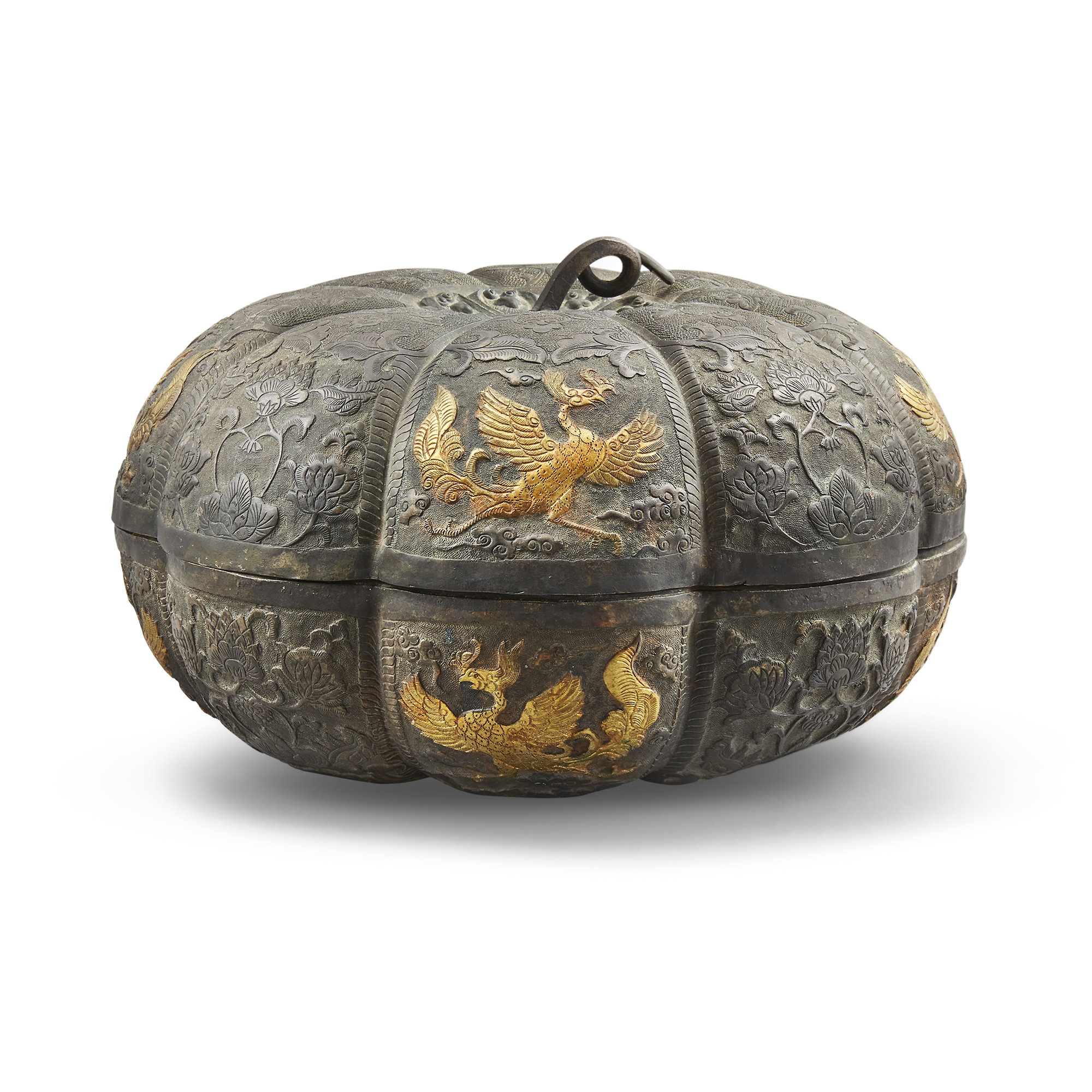 A Chinese parcel-gilt and silvered copper melon-shaped box 20th century  Decorated in repoussé ...