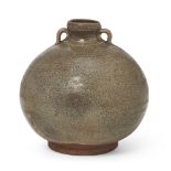 A Chinese stoneware grey crackle-glazed globular jar Ming dynasty with narrow mouth and two lug...