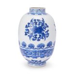 A Chinese blue and white 'floral' oviform jar Qing dynasty, Kangxi period Rising from a short, ...