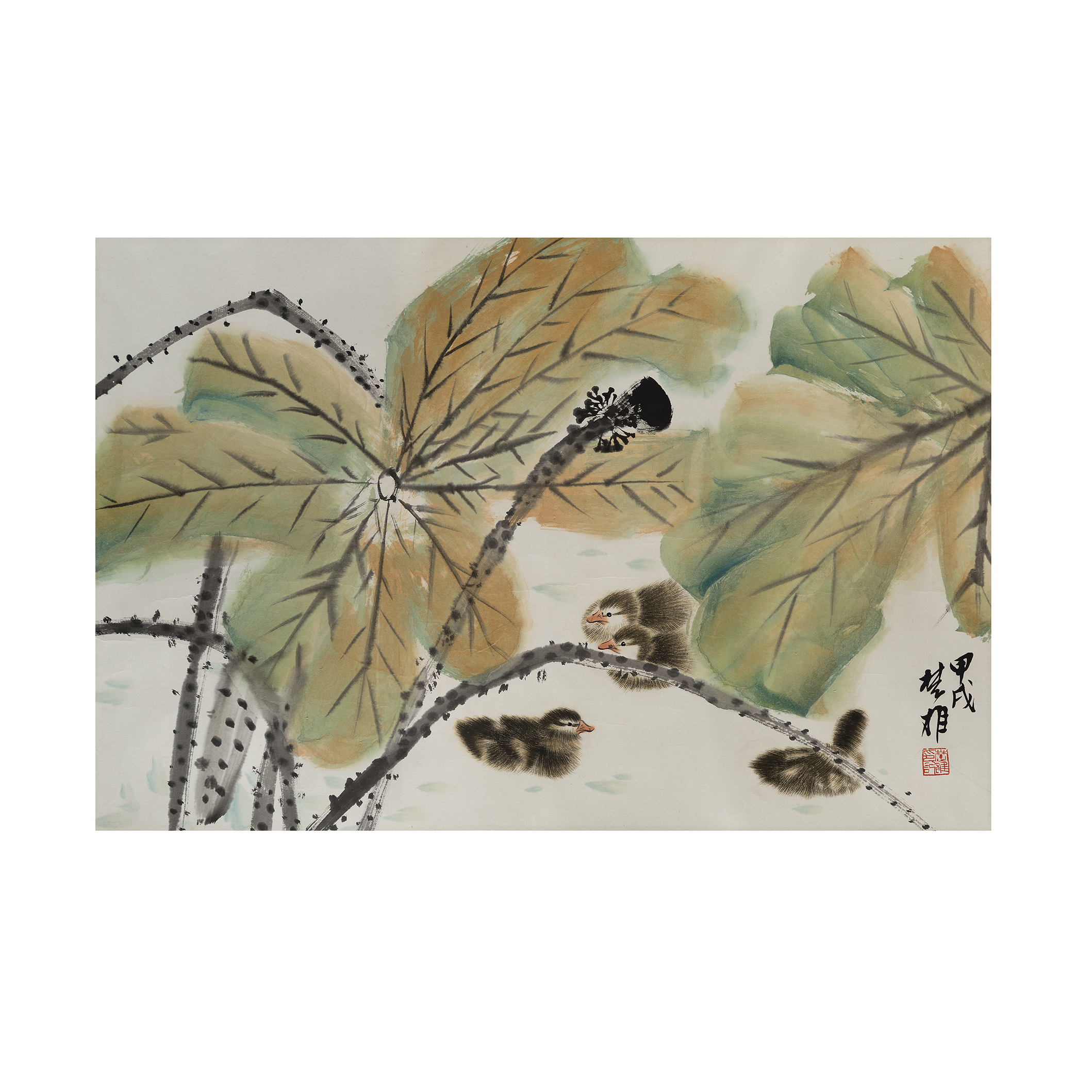 Fang Chuxiong (b.1950) Ink and colour on paper painting of ducks in lotus pond, signed by the ar...