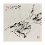 Rongquan (20th century) A Chinese painting, ink on paper, painted with shrimps, with three seals...