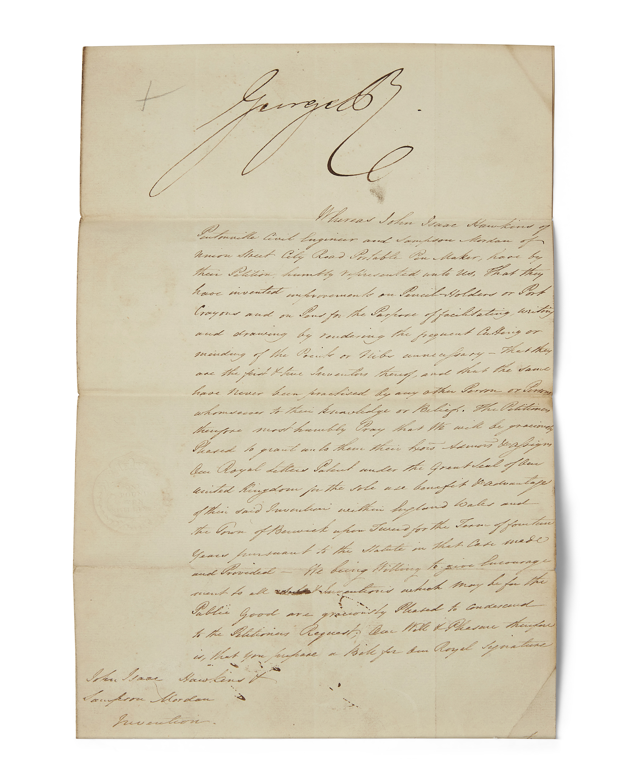 A document issued by the British Government granting John Isaac Hawkins and Sampson Mordan to app...