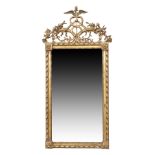 A French giltwood pier mirror, last quarter 19th century, the caduceus carved crest amongst folia...