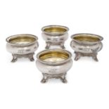 A set of four circular silver salts by Joseph & Albert Savory, London, 1837, raised on four shell...