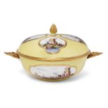 A Meissen porcelain large yellow-ground two-handled ecuelle and cover, c.1735, blue crossed sword...