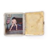 A Romanian white metal and enamel cigarette case with concealed erotic scene, first quarter 20th ...