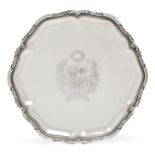 A Peruvian tray with shaped floral border, stamped 900, of shaped hexagonal form, the centre engr...