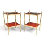 A pair of brass two tier occasional tables, in the Mallet style, 20th century, the tops inset wit...