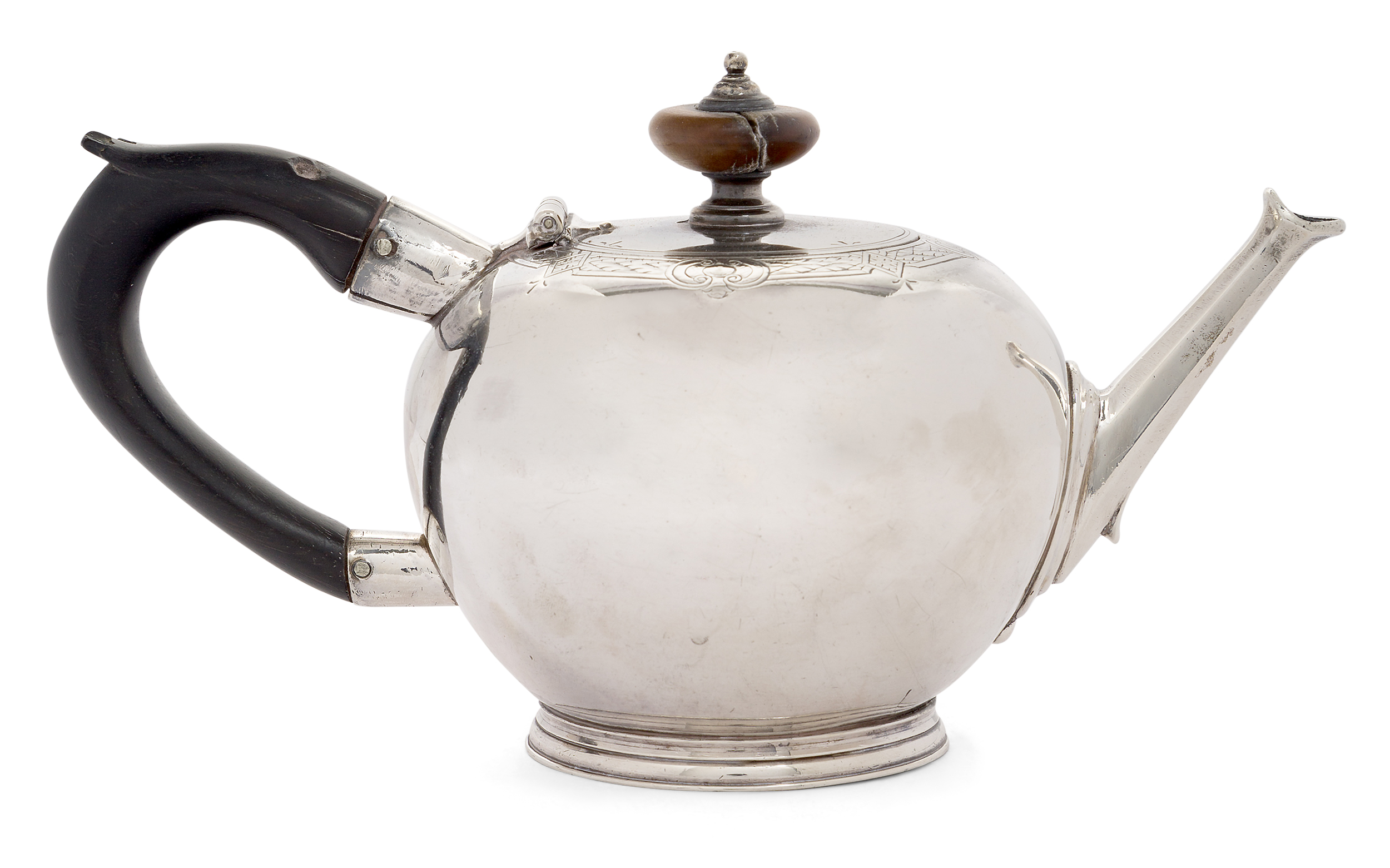 A George II silver bullet-shaped saffron teapot, London, 1732, Edward Pocock, of rounded form wit...