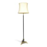 A French adjustable steel and brass standard lamp, late 20th century, on tripod base with hoof fe...