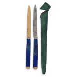 A pair of 18th century French travelling knives in shagreen mounted case, with lapis lazuli handl...