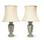 A pair of French opaline blue glass table lamps, mid-20th century and later decorated, each paint...