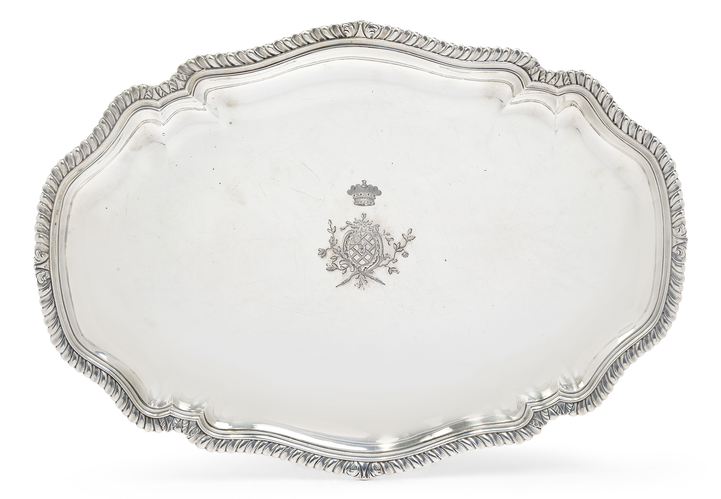 A George II silver serving platter, London, 1749, Edward Wakelin, of shaped oval form with gadroo...