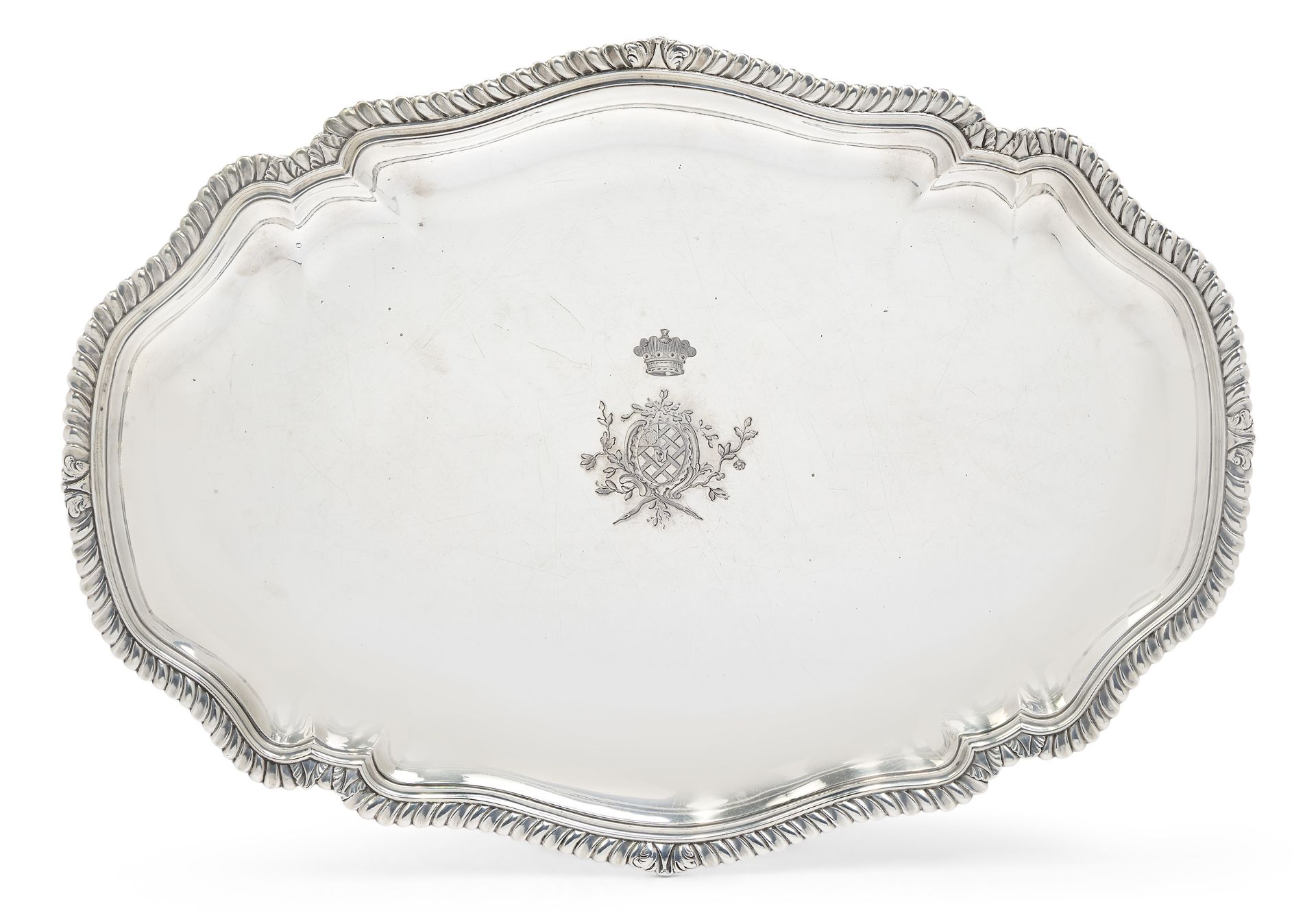 A George II silver serving platter, London, 1749, Edward Wakelin, of shaped oval form with gadroo...