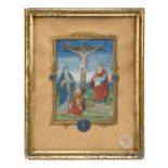 Three 16th century illuminated manuscript pages, comprising: The Crucifixion, French, in the mann...