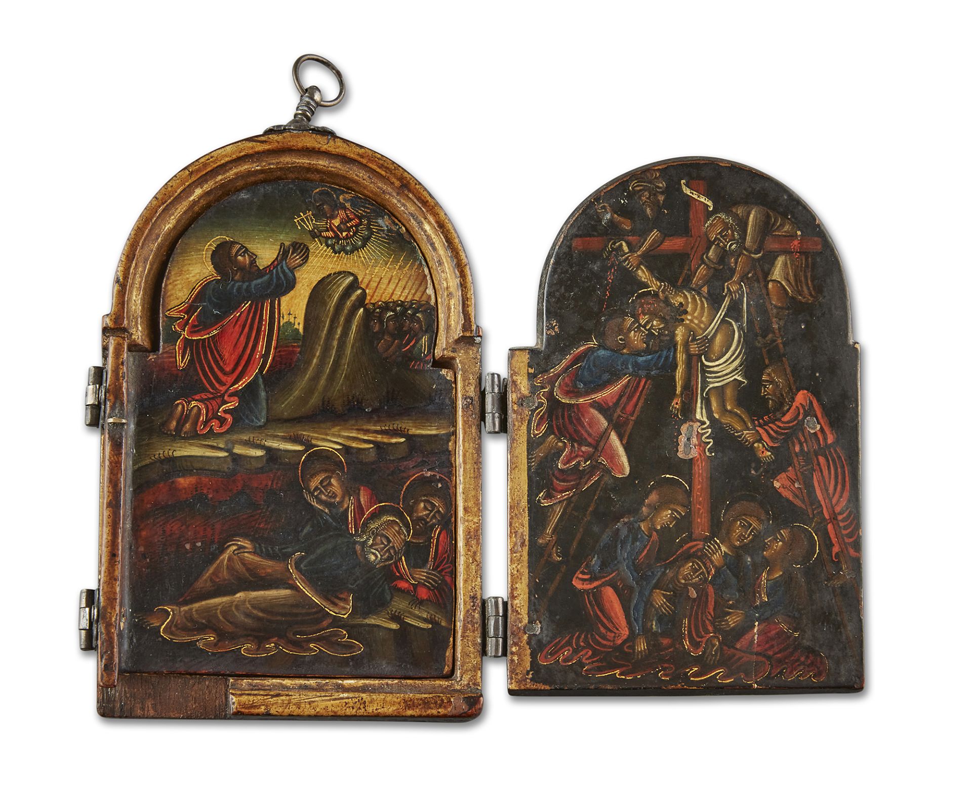 A Greek triptych travelling icon, 18th century, with break arch panels painted with four scenes f... - Image 2 of 3