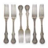 A set of six Victoria pattern silver table forks, London, 1836 and 1837, Samuel Hayne & Dudley Ca...