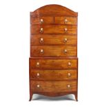 A Regency mahogany bow front chest on chest, first quarter 19th century, the shaped cornice ebony...