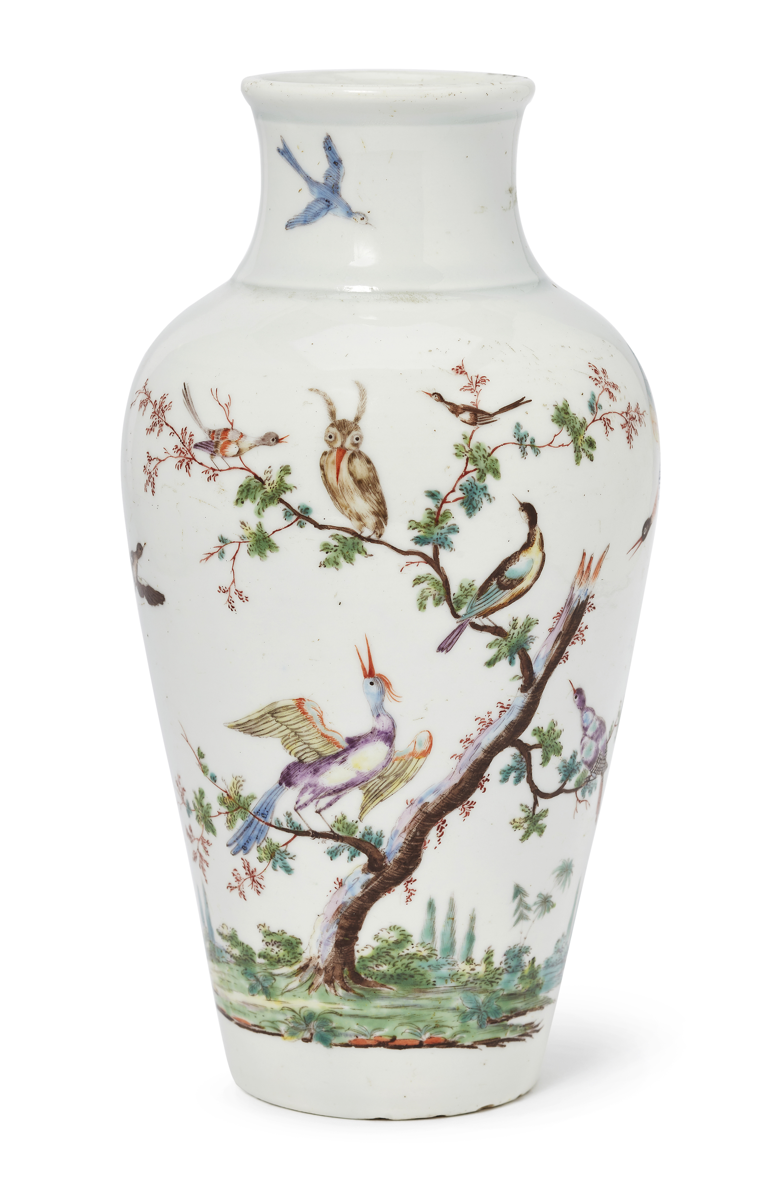 A Worcester 'Mobbing Birds' baluster vase, c.1757-58, probably painted by I. Rogers, with various...