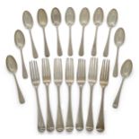 A group of silver flatware comprising: a George III provincial silver table fork, York, 1799, Ham...