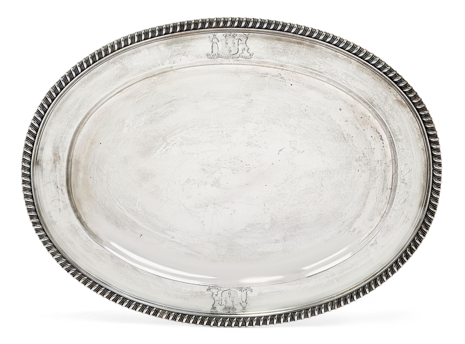 A large Regency silver meat platter, London, 1815,Thomas Robins, of oval form with gadrooned bord...