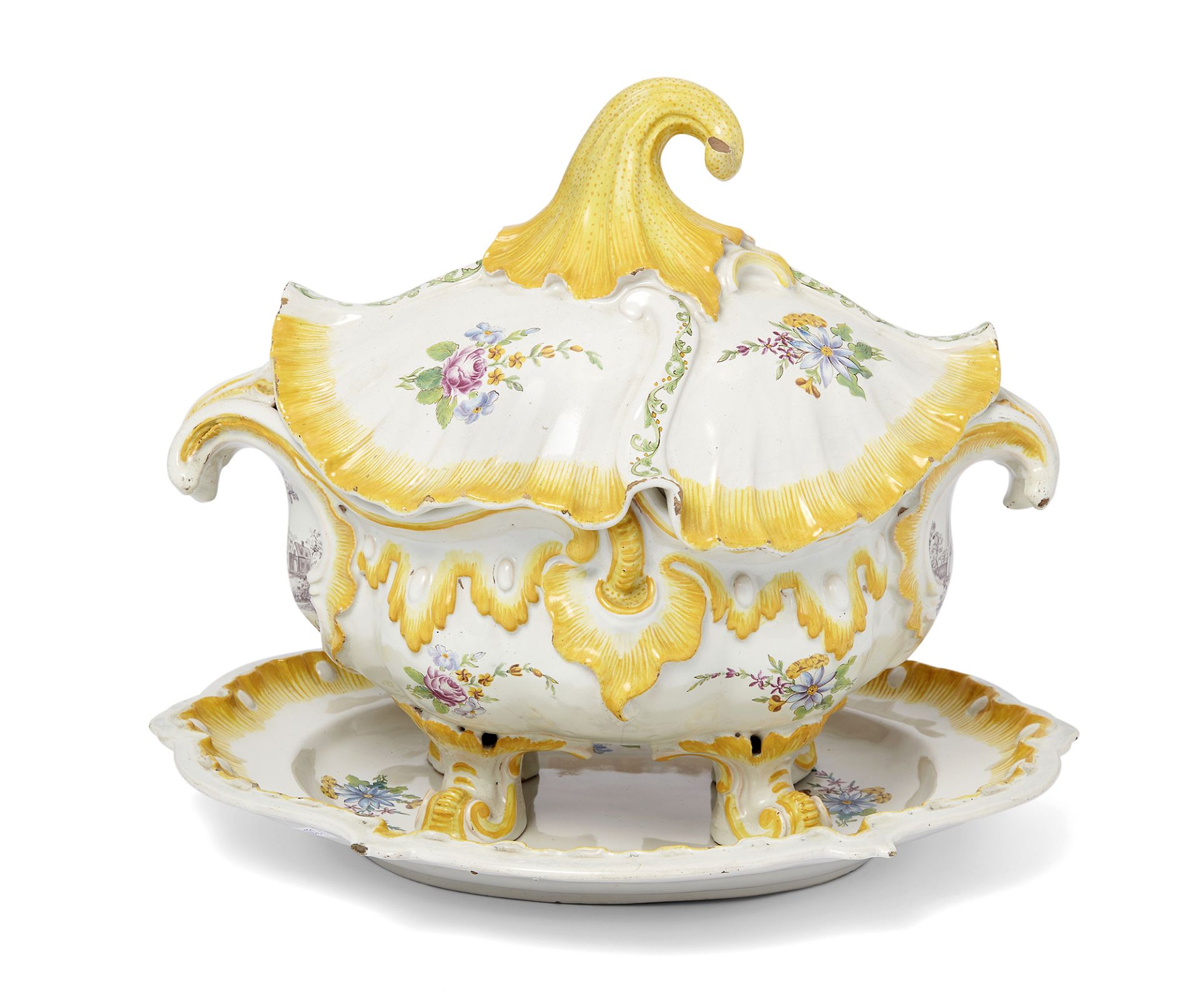 A Höchst fayence Rococo tureen, cover and stand, c.1750