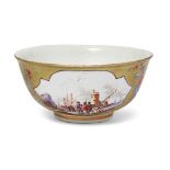 A Meissen porcelain olive-green ground waste bowl, c.1740, blue crossed swords mark, brown triang...