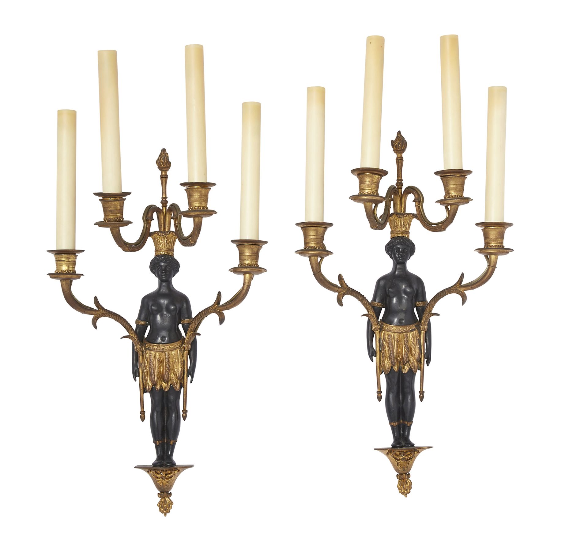 A pair of French gilt and patinated bronze four-light figural wall appliques, of Empire style, se...