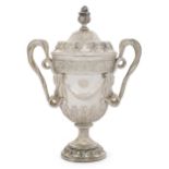 A Regency-style silver cup and cover with entwined twin serpent handles, Birmingham, 1922, Carrin...
