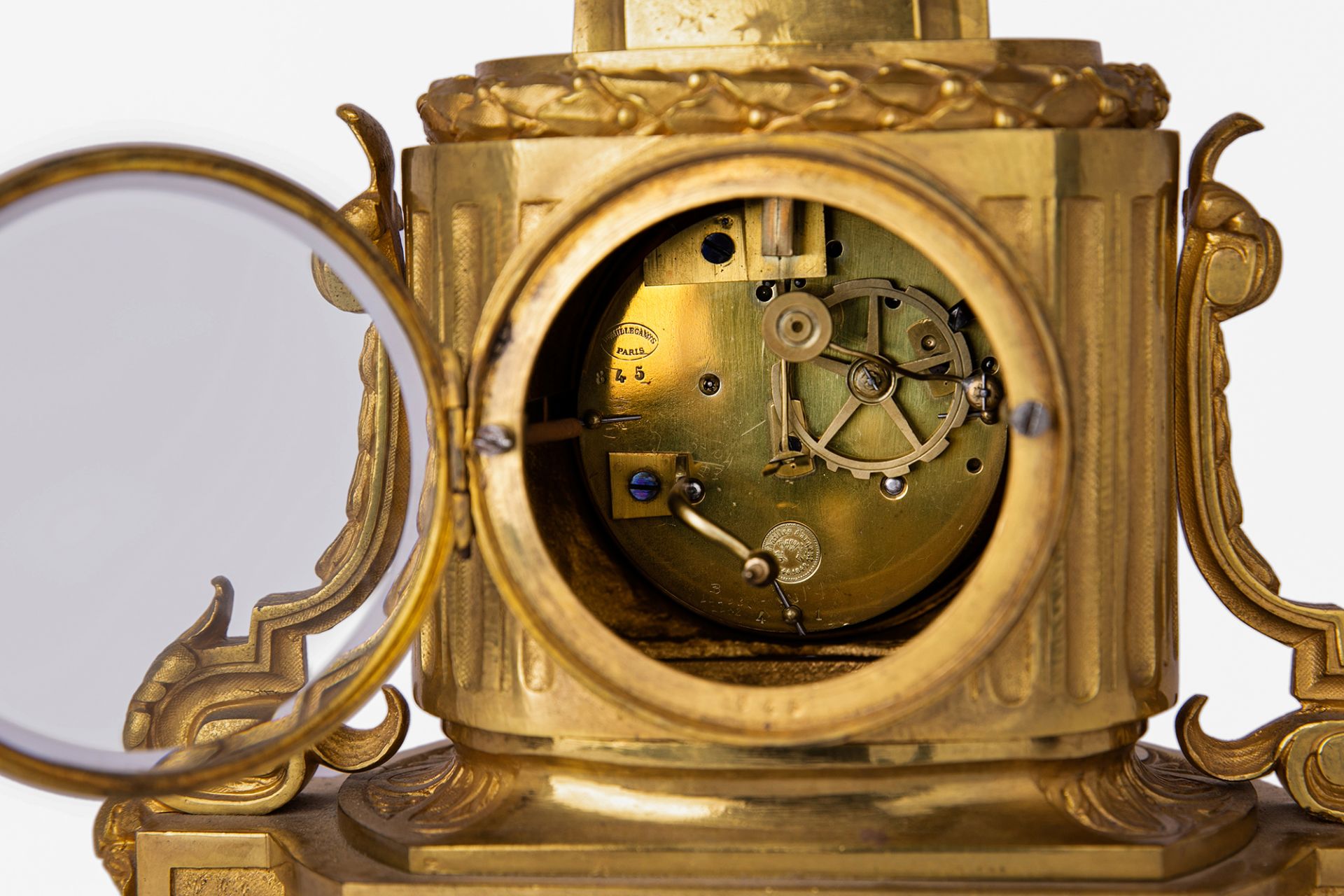 A French gilt-bronze mantel clock, mid-19th century, the case with truncated column flanked by sc... - Image 3 of 4