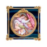 A Continental gold-mounted enamel plaque, late 19th century, depicting a couple in an amorous emb...