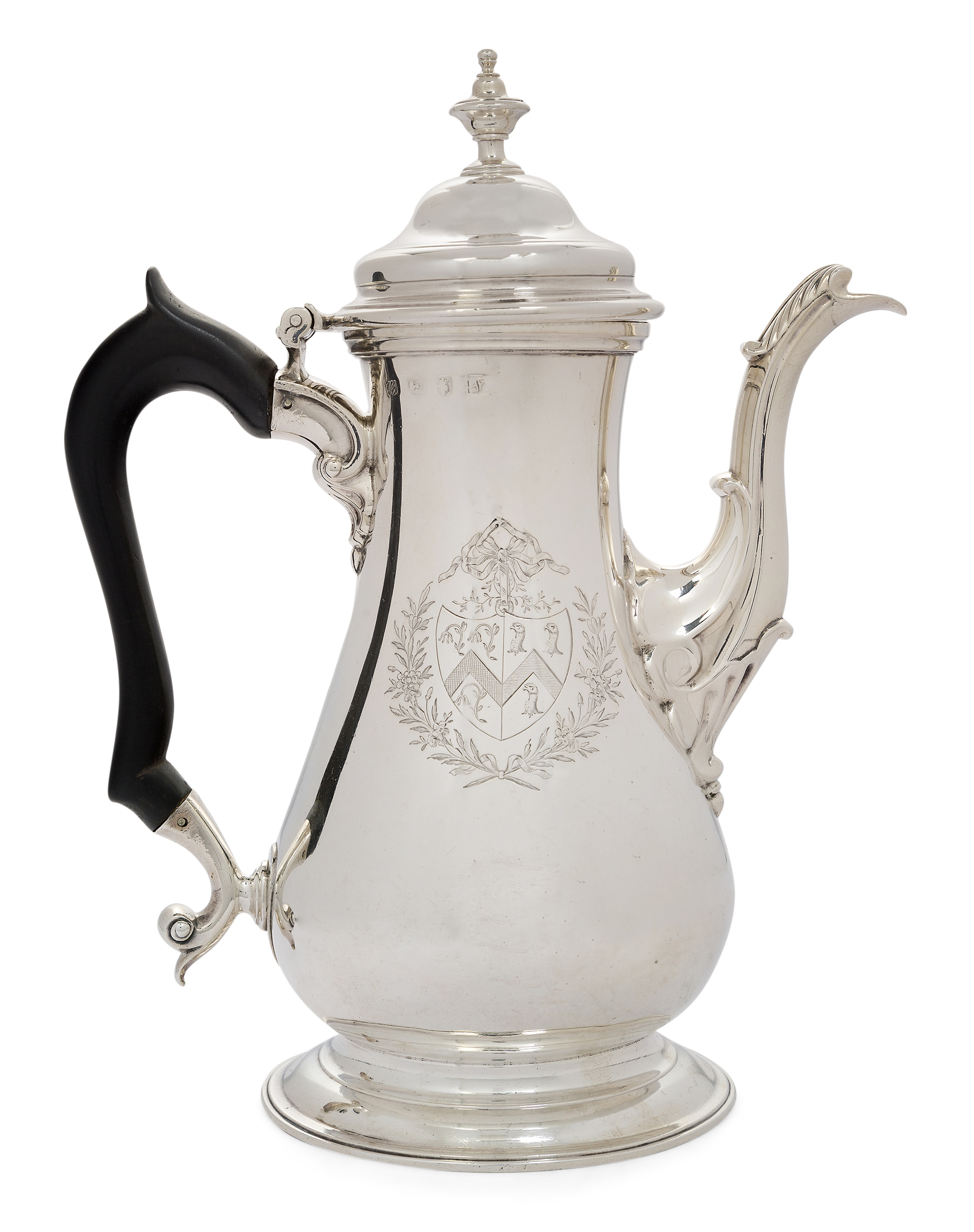 An early George III silver coffee pot, London, 1761, John Payne, the baluster shaped body engrave...