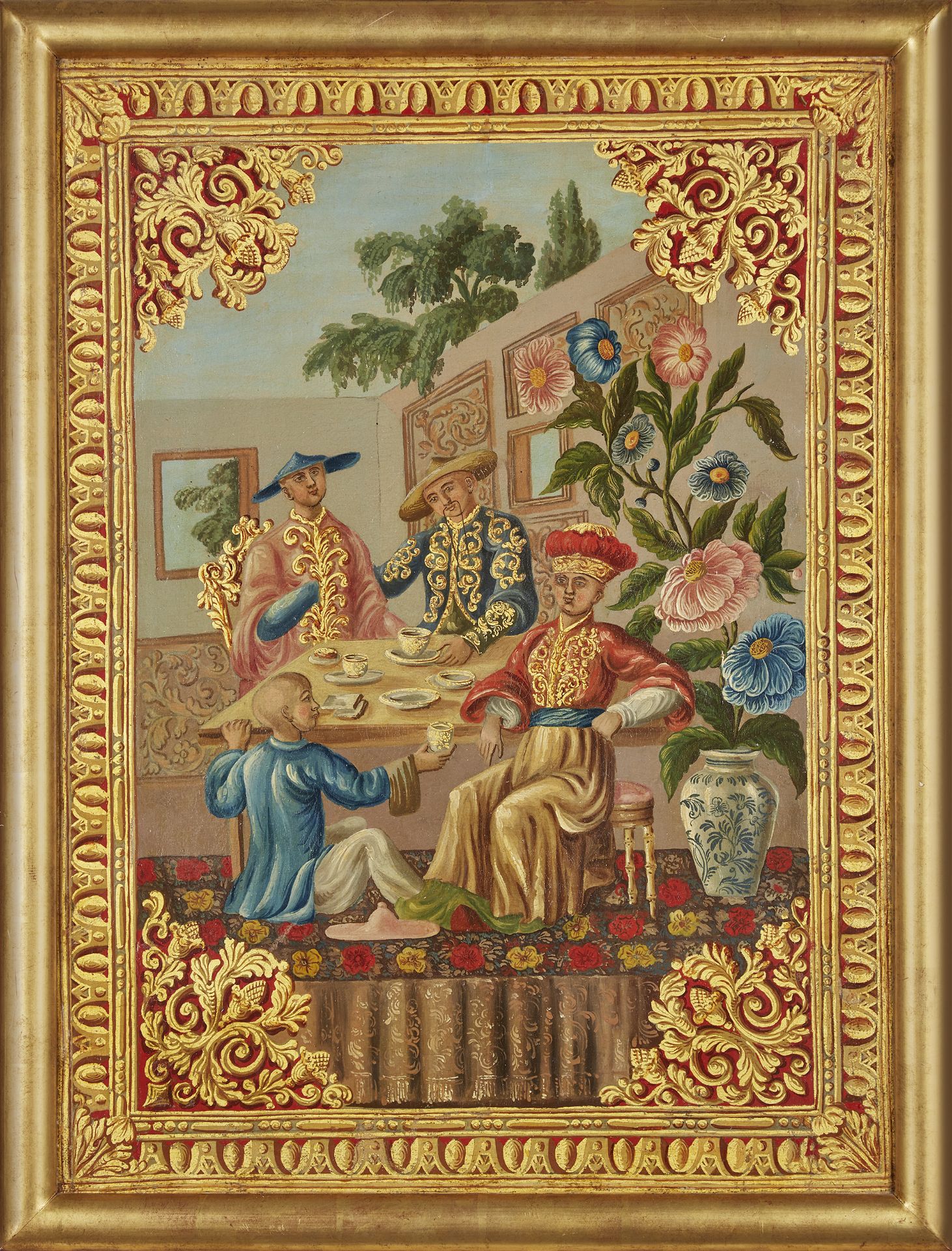 Colonial School, first half 19th century, Figures at Tea, with a gilt-heightened border, oil on c...