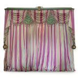 Two pairs of large pink, green and gold striped silk curtains, supplied by Kenneth Neame, Mount S...