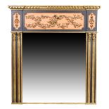 A large English carved gilded and ebonised overmantel mirror, in the neo-classical style, last qu...