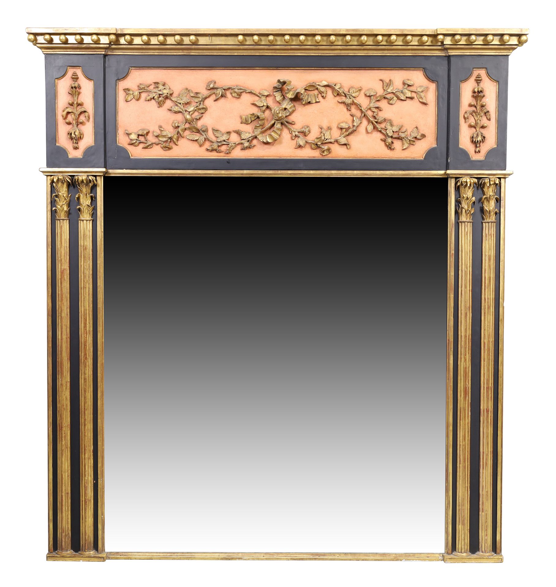 A large English carved gilded and ebonised overmantel mirror, in the neo-classical style, last qu...