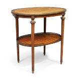 A French parquetry inlaid two tier oval etagere, in the Louis XVI style, first quarter 20th centu...