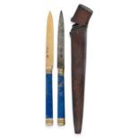 A pair of 18th century French travelling knives in leather mounted case, Paris, c.1784, with lapi...