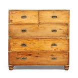 A brass mounted teak campaign chest, 19th century, with two short and three long drawers, raised ...