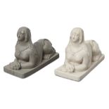 Two Continental white and grey biscuit porcelain sphinxes, c.1800, the grey example impressed B, ...