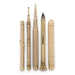 A collection of five Samson Mordan propelling pencils and pens, comprising: an 18ct gold propelli...