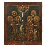 A Russian Icon showing selected Saints, late 19th century, tempera on wood panel, the Saints incl...