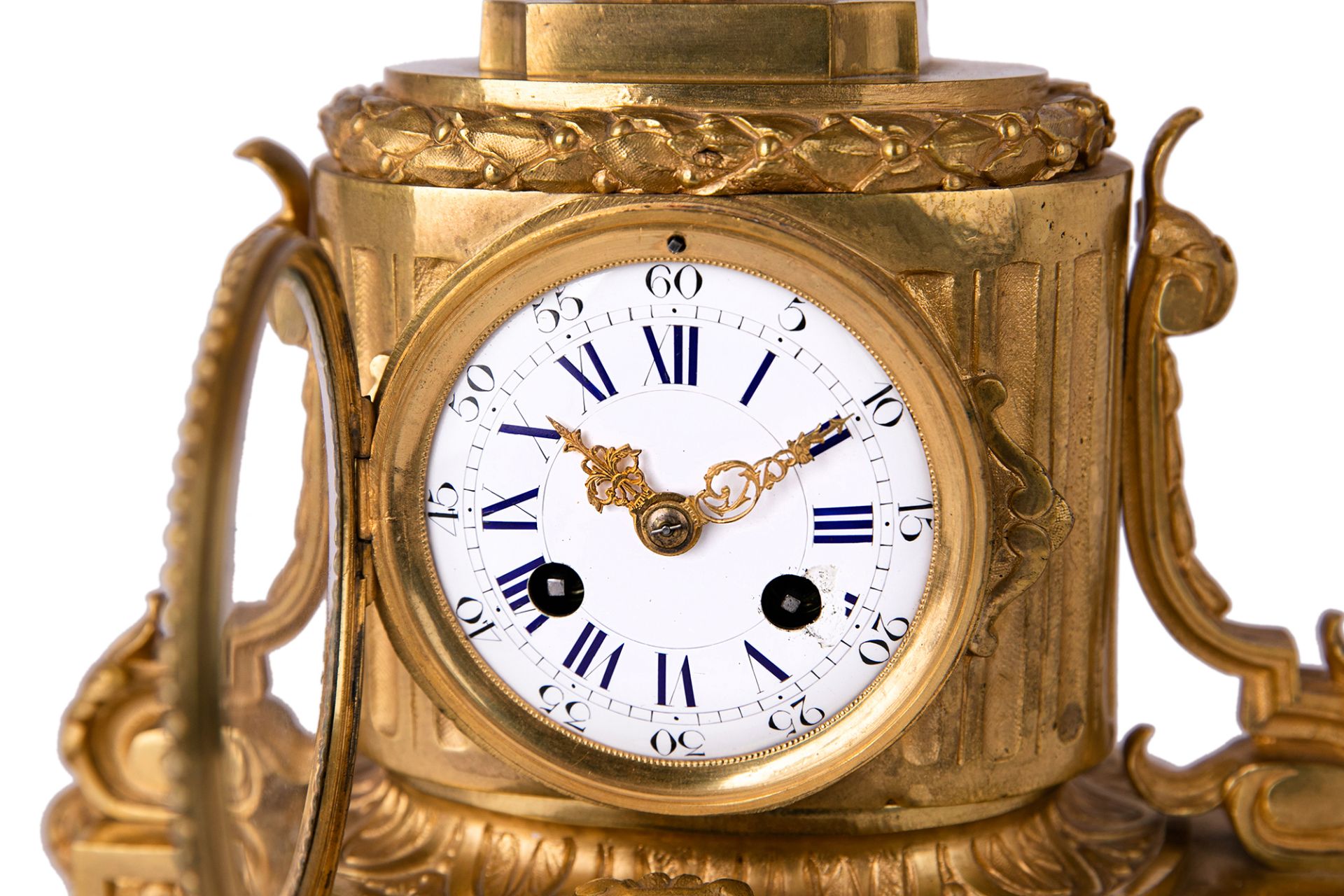 A French gilt-bronze mantel clock, mid-19th century, the case with truncated column flanked by sc... - Image 2 of 4