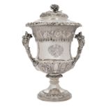 An impressive George IV silver cup and cover, London, 1828, Hyam Hyams, the twin handles designed...