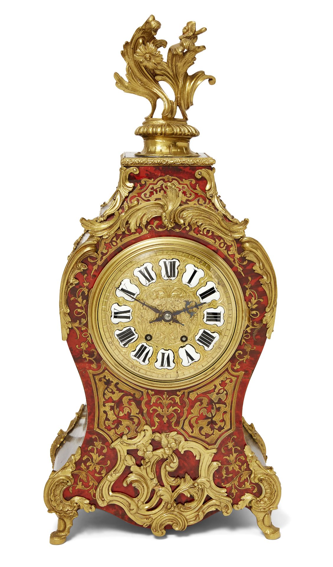 A French gilt-bronze mounted brass inlaid tortoiseshell bracket clock, in the manner of André-Cha...